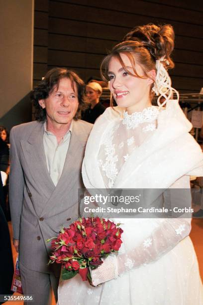 Roman Polanski and Emmanuelle Seigner pose bakstage during the Lolita Lempicka Ready to Wear Spring/Summer 1996 show as part of Paris Fashion Week on...