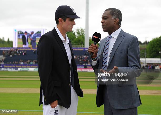 England Captain Alastair Cook and Michael Holding of Sky Sports during day one of the 2nd Investec Test match between England and Sri Lanka at...