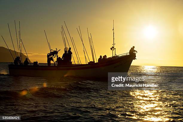 fishermen head out to sea at sunrise. - azores people stock pictures, royalty-free photos & images