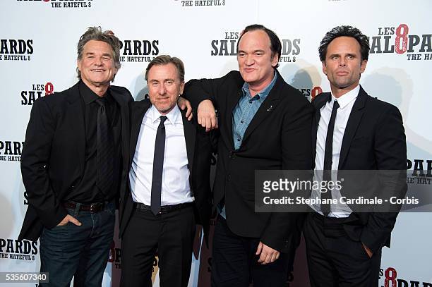 Actors Kurt Russell, Tim Roth, director Quentin Tarantino and actor Walton Goggins attend the 'The Hateful Eight' Premiere at Le Grand Rex on...
