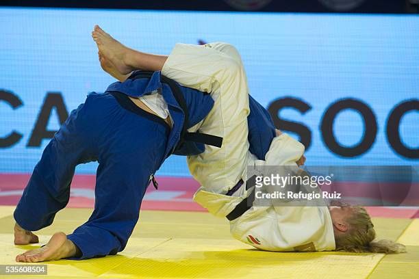 Kayla Harrison of USA holds Mayra Aguiar of Brazil during the women's -78kg final fight as part of the World Judo Masters Guadalajara 2016 at Adolfo...
