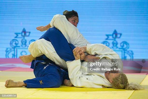 Kayla Harrison of USA holds Mayra Aguiar of Brazil during the women's -78kg final fight as part of the World Judo Masters Guadalajara 2016 at Adolfo...