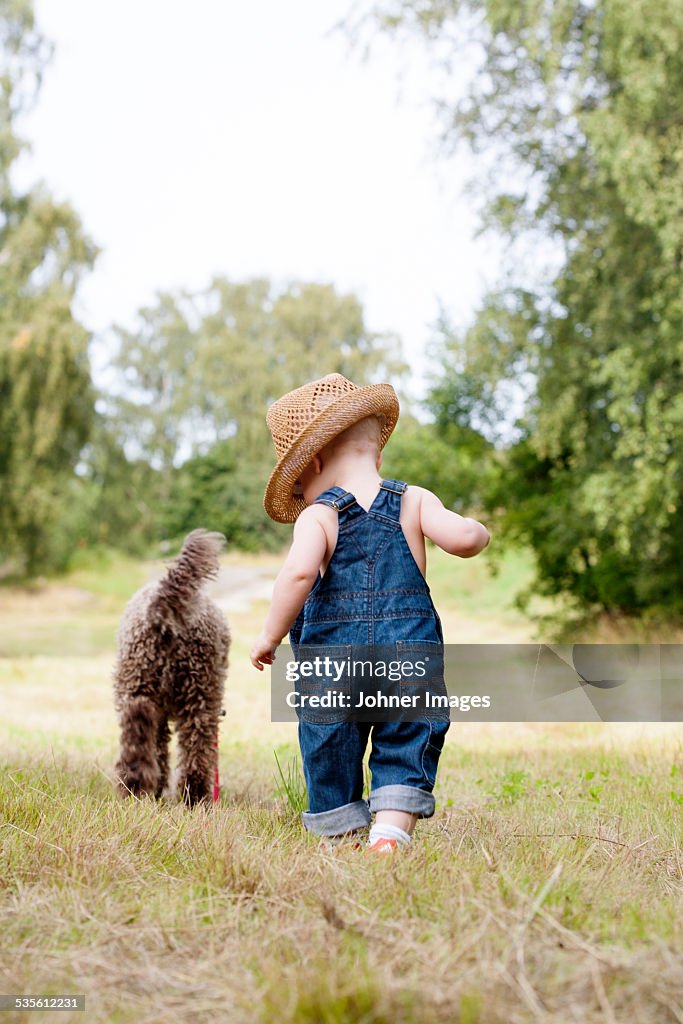 Toddler walking with dog