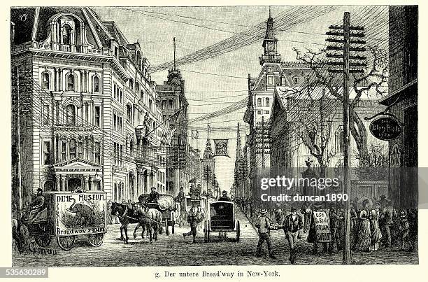 stockillustraties, clipart, cartoons en iconen met 19th century usa - lower broadway in new york - broadway manhattan