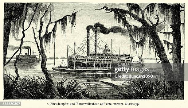 illustrazioni stock, clip art, cartoni animati e icone di tendenza di 19° secolo stati uniti-riverboat inferiore mississippi - battello-con-ruota-a-pale