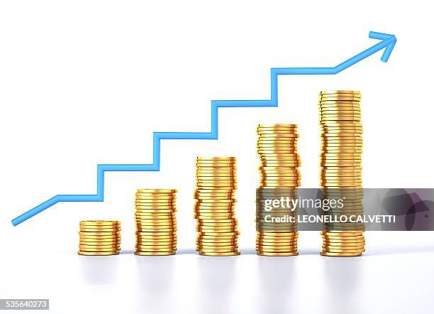 gold coins and a growth chart, artwork - coin pile stock illustrations