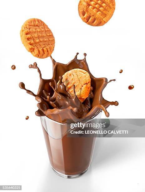 biscuits splashing into a drink, artwork - chocolate shake stock illustrations