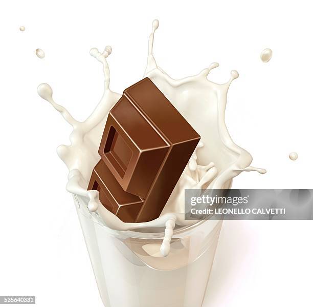 chocolate splashing into milk, artwork - chocolate milk in glass on white stock illustrations