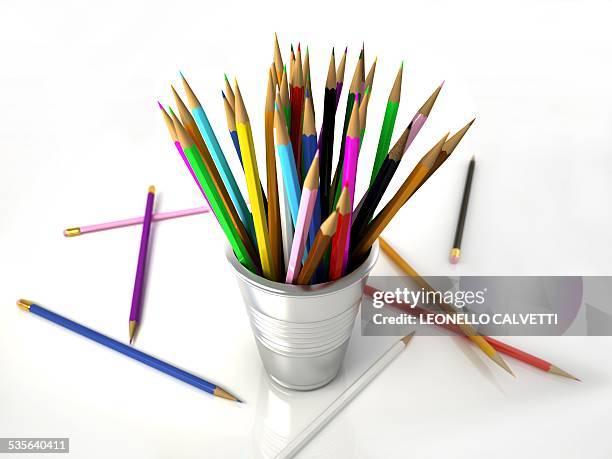 stockillustraties, clipart, cartoons en iconen met colouring pencils in a pot, artwork - 3d render pencils