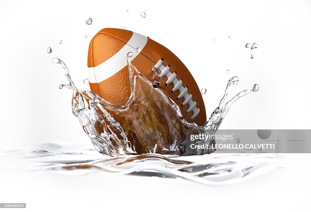 Rugby ball splashing into water, artwork