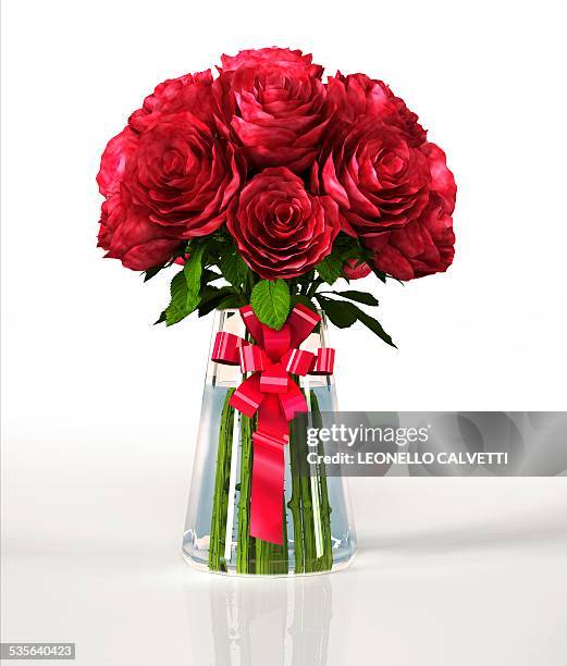 ilustrações de stock, clip art, desenhos animados e ícones de red roses in a vase, artwork - ramo-de-flores
