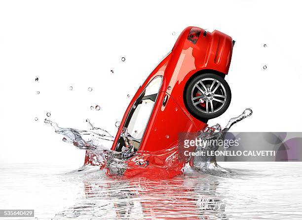 red car splashing into water, artwork - accident car stock illustrations