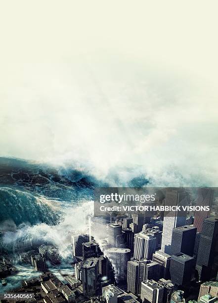 ilustraciones, imágenes clip art, dibujos animados e iconos de stock de tsunami hitting a city, artwork - tsunami