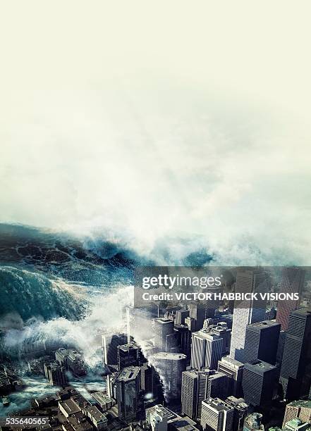 tsunami hitting a city, artwork - tsunami stock illustrations