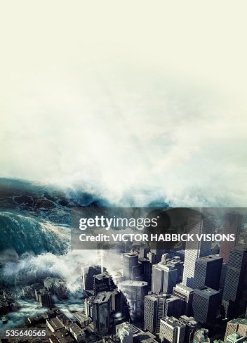 Tsunami hitting a city, artwork Tsunami hitting a city, artwork