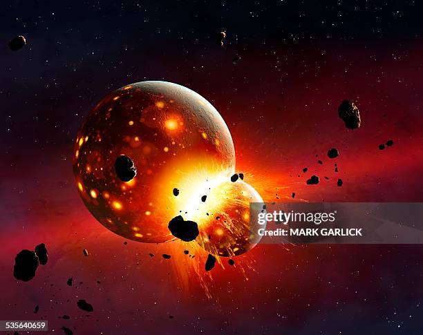 artwork of the early earth-moon system - planets colliding stock illustrations