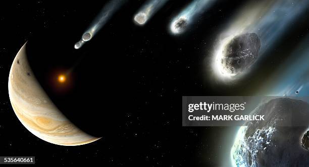 comet shoemaker-levy-9 striking jupiter - planets colliding stock illustrations