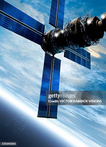satellite orbiting the earth - satellite stock-grafiken, -clipart, -cartoons und -symbole