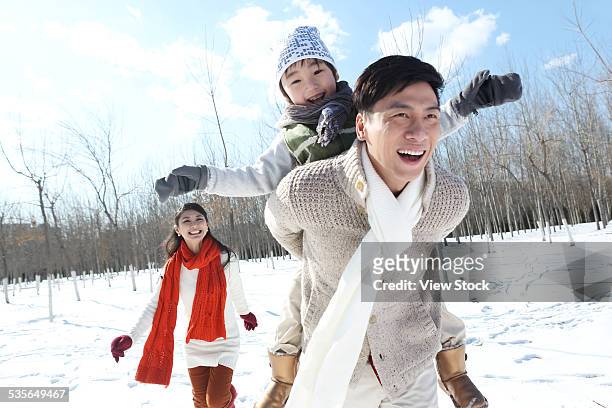family enjoying in the snow - chinese father and son snow stock pictures, royalty-free photos & images