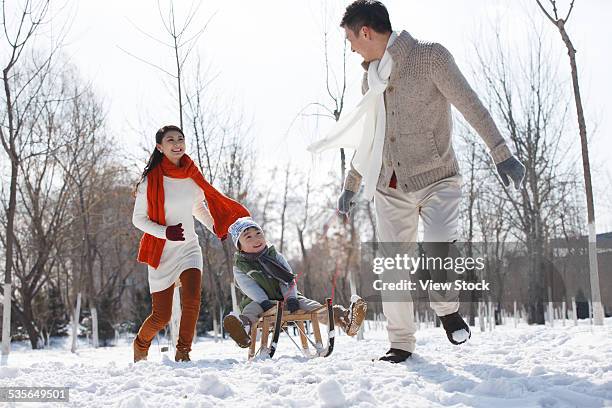 family enjoying in the snow - chinese father and son snow stock pictures, royalty-free photos & images