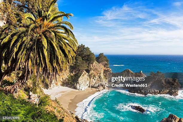 usa, california, pacific coast, national scenic byway, big sur, mcway falls and mcway cove, julia pfeiffer burns state park - pacific-coast-ranges stockfoto's en -beelden
