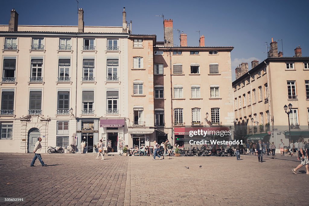 France, Department Rhone, Lyon, Historic town centre, row of houses and sidewalk cafes
