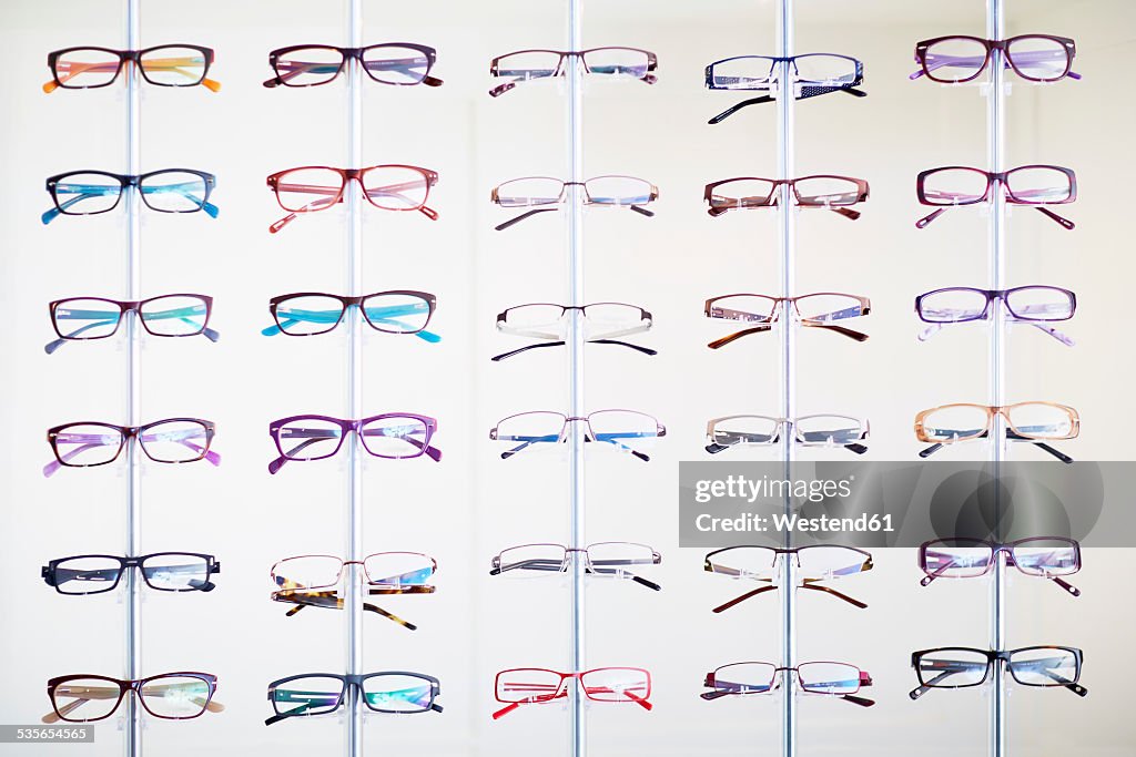 Assortment of glasses in an optician shop