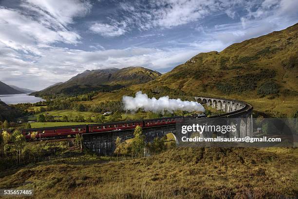 united kingdom, scotland, highland, glenfinnan, a830, glenfinnan viaduct, steam train passing viaduct - glenfinnan viaduct stock pictures, royalty-free photos & images