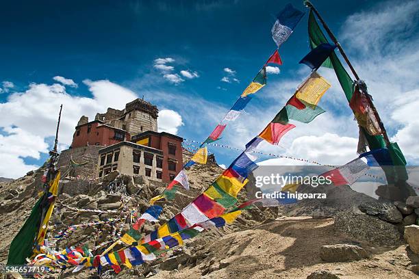 india, ladakh, leh, namgyal tsemo gompa and prayer flags - leh stock pictures, royalty-free photos & images