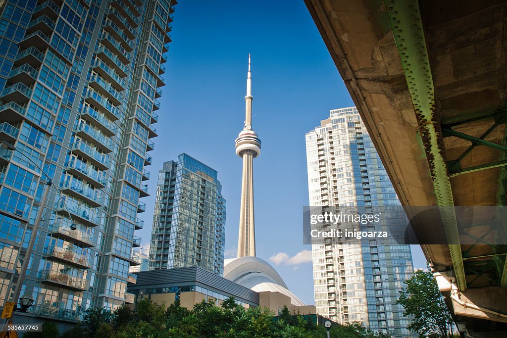 Canada, Ontario, Toronto, Low angle view of CN Tower and skyscrapers