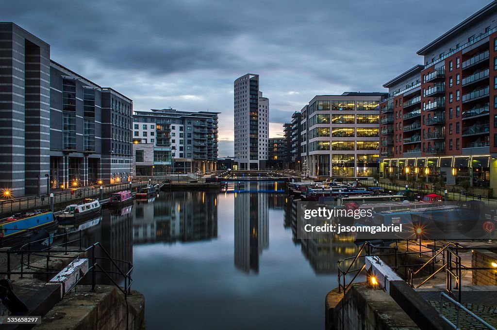 Clarence dock at dusk, Leeds, England, UK
