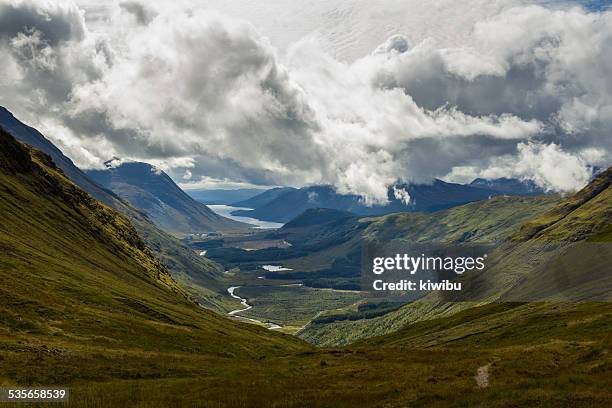 scotland, highlands, glen etive, view of cloudy sky above valley - glen etive stock pictures, royalty-free photos & images