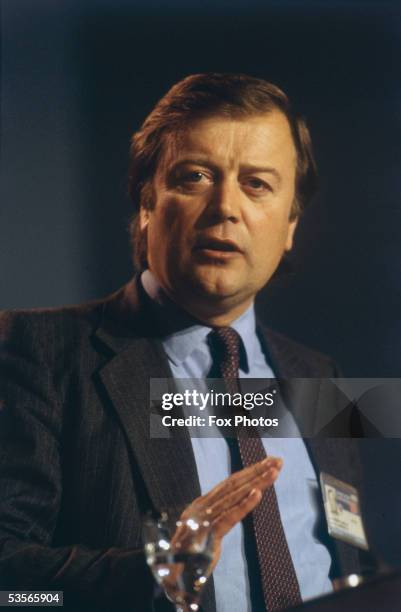 Paymaster General and Employment Secretary Kenneth Clarke giving a speech at the Conservative Party conference at Blackpool, October 1985.