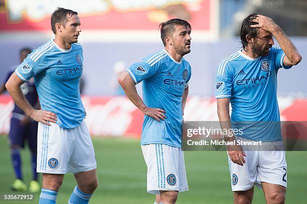 Frank Lampard, David Villa and Andrea Pirlo of New York City FC during the match at Yankee Stadium on May 29, 2016 in New York City. New York City FC...