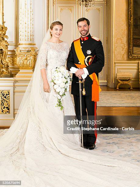 Crown Prince Guillaume of Luxembourg and Princess Stephanie of Luxembourg pose for the official wedding picture after the their wedding in Luxembourg.
