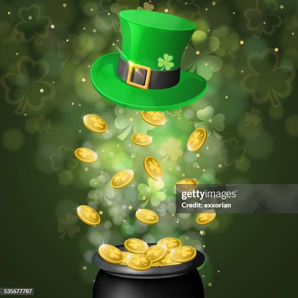 st. patrick's day lucky pot of gold - money green background stock illustrations