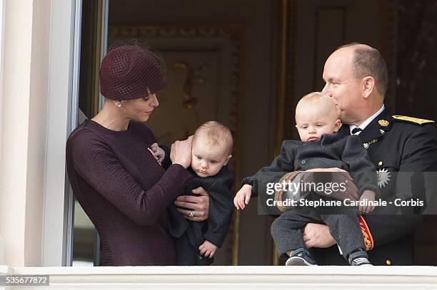 Princess Charlene of Monaco, Princess Gabriella of Monaco, Prince Jacques of Monaco and Prince Albert II of Monaco, at the Balcony Palace during the...
