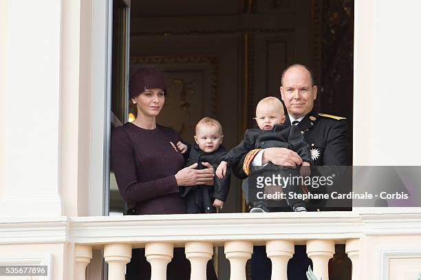 Princess Charlene of Monaco, Princess Gabriella of Monaco, Prince Jacques of Monaco and Prince Albert II of Monaco, at the Balcony Palace during the...