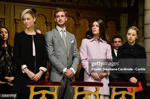 Beatrice Borromeo, Pierre Casiraghi, Charlotte Casiraghi and Princess Alexandra of Hanover attend a Mass during the Monaco National Day Celebrations,...
