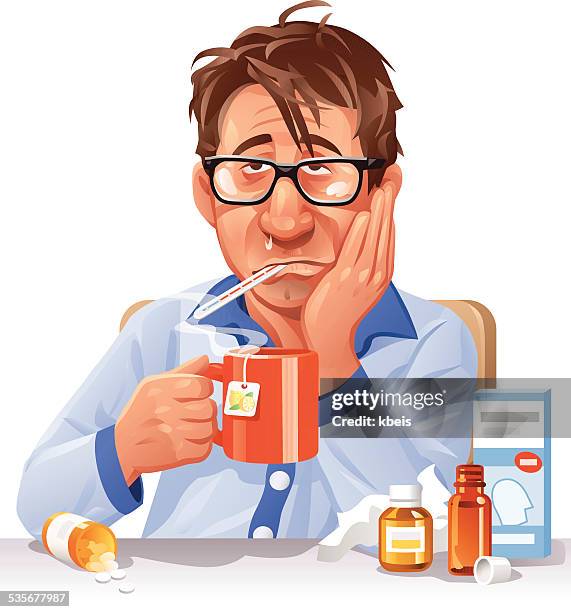 ill man drinking tea - cough medicine stock illustrations