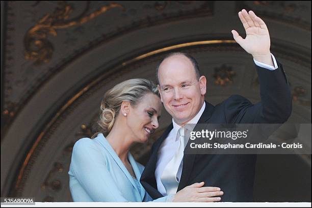 Princess Charlene of Monaco and Prince Albert II of Monaco pose on the balcony after the civil ceremony of the Royal Wedding of Prince Albert II of...