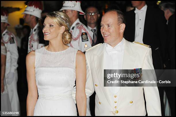 Princess Charlene of Monaco and Prince Albert II of Monaco attend the dinner at Opera terraces after the religious wedding ceremony of Prince Albert...