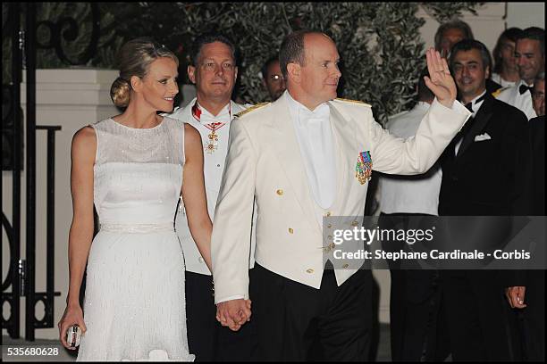 Princess Charlene of Monaco and Prince Albert II of Monaco attend the dinner at Opera terraces after the religious wedding ceremony of Prince Albert...