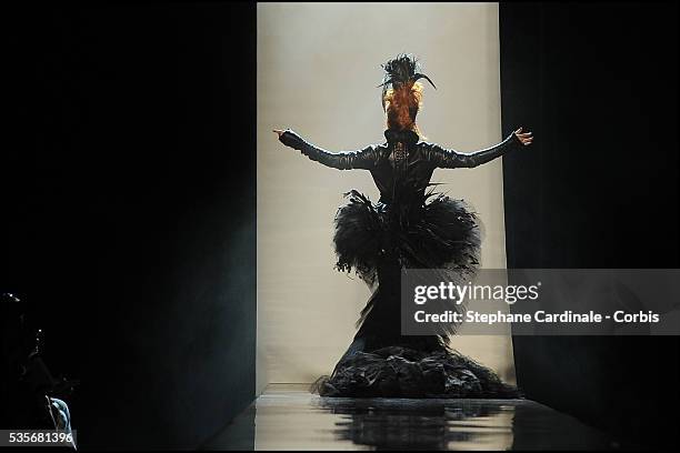 Mylene Farmer walks the runway at the Jean Paul Gaultier Haute Couture show, as part of the Paris Fashion Week Fall/Winter 2011/2012 in Paris.