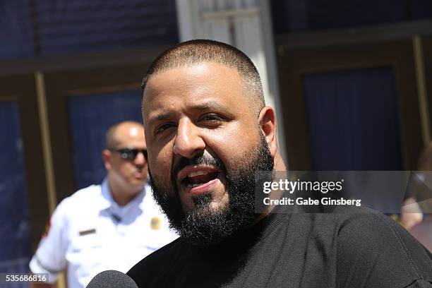 Khaled speaks to an interviewer during a launch event for the Las Vegas official Snapchat channel at The Venetian Las Vegas on May 29, 2016 in Las...