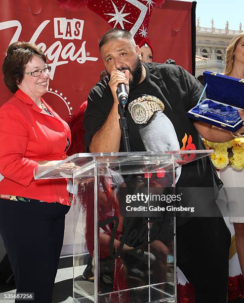 Clark County Commissioner Mary Beth Scow pesents DJ Khaled a ceremonial key to the city of Las Vegas during a launch event for the Las Vegas official...