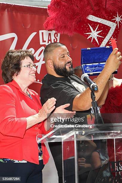 Clark County Commissioner Mary Beth Scow pesents DJ Khaled a ceremonial key to the city of Las Vegas during a launch event for the Las Vegas official...