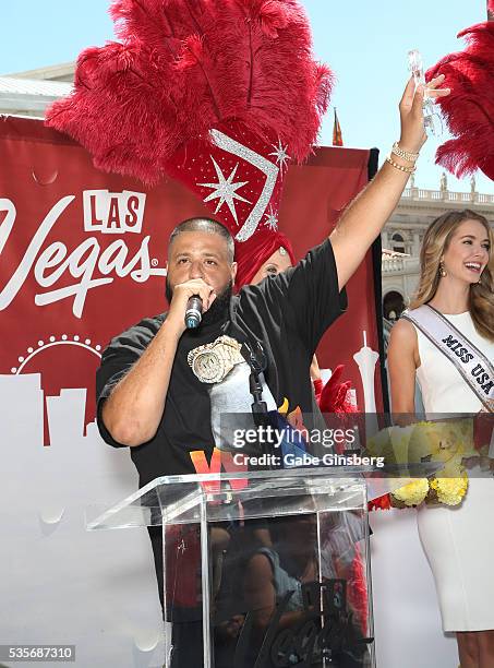 Khaled holds up a ceremonial key to the city of Las Vegas during a launch event for the Las Vegas official Snapchat channel at The Venetian Las Vegas...