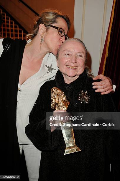 Frederique and her mother Monique Chaumette with her Moliere for Best Actress in a Supporting Role for "Baby Doll" at the 23rd Molieres Awards, held...