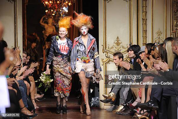 Vivienne Westwood and a Model walk the runway during the Vivienne Westwood Pret a Porter show as part of the Paris Womenswear Fashion Week...